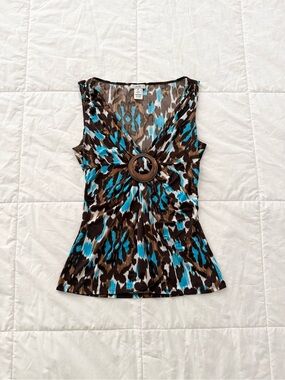 Vintage Y2K Caché Brown and Turquoise Geometric O-Ring Top